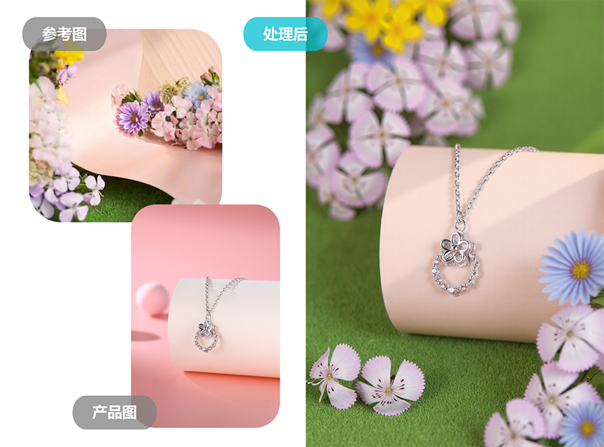 AI珠宝场景合成案例,金银首饰实景场景效果图,珠宝电商场景主图制作