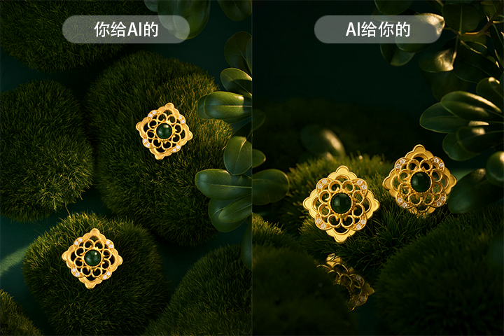AI 珠宝场景图裂变案例,方形黄金首饰原图 AI 裂变氛围感商业珠宝摄影图对比